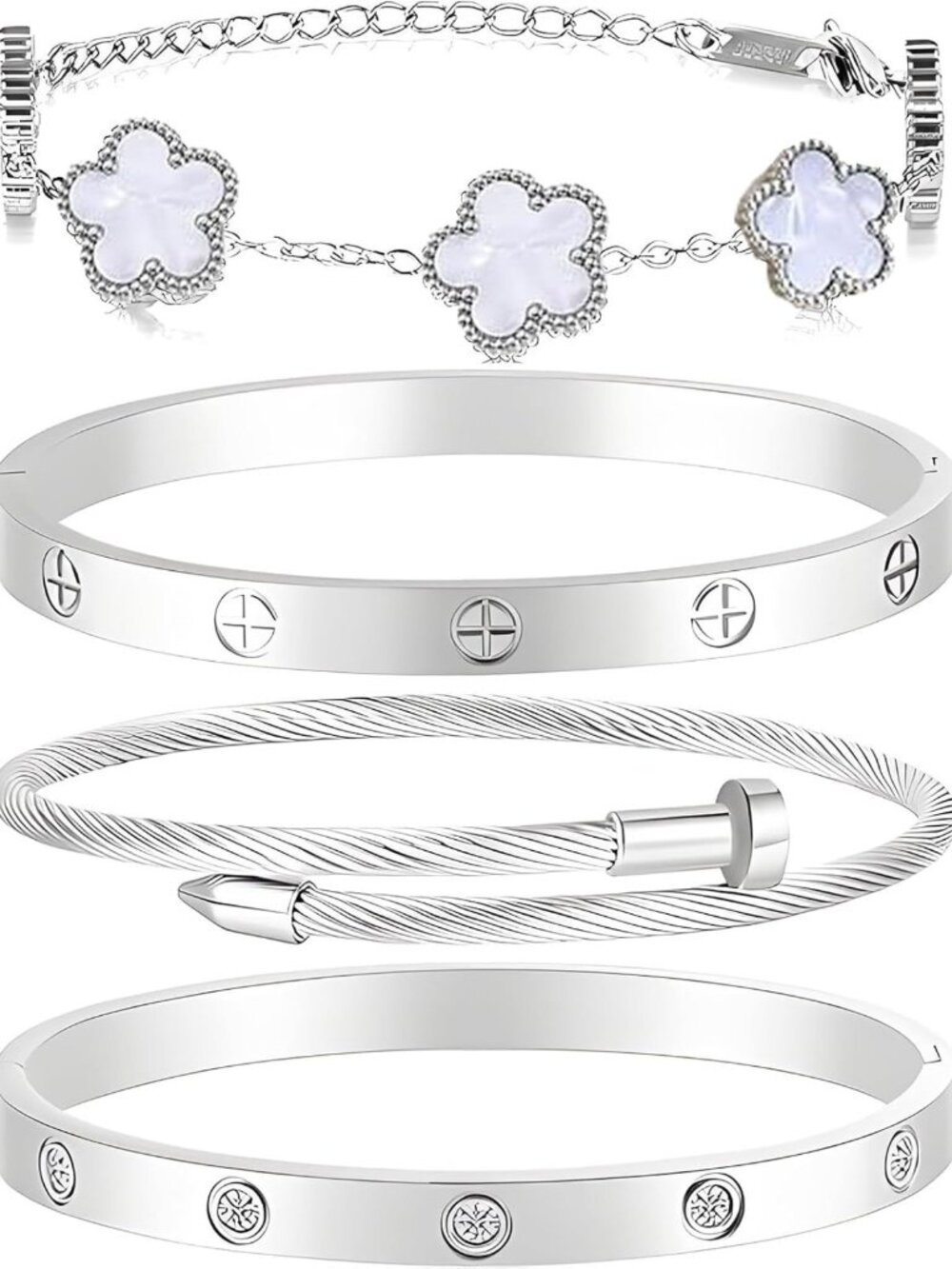 Stackable Floral Gold Bracelets Set - 4Pcs Non-Tarnish Stainless Steel Bangles